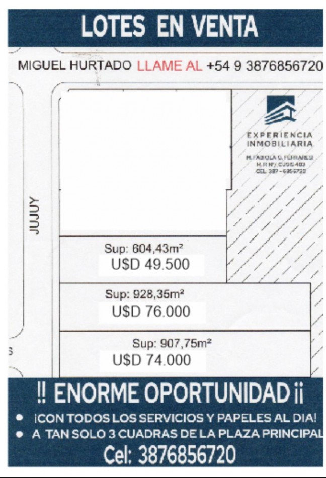 LOTE EN VENTA EN CAFAYATE A SOLO 3 CUADRAS DE LA PLAZA PRINCIPAL